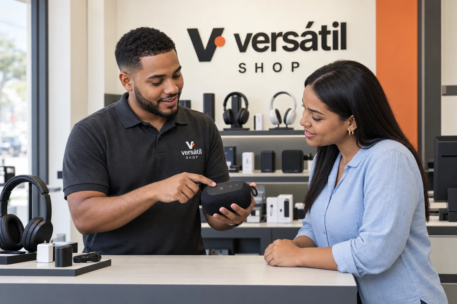 Escena ilustrativa de atención en Versátil Shop: un asesor con polo de la marca demuestra un equipo electrónico a una clienta.