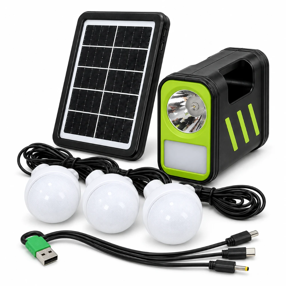 Banco de Energía Solar GDPLUS GD-12 con Panel y 3 Bombillos